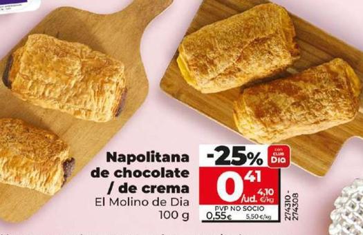 Oferta de El Molino De Dia - Napolitana De Chocolate / De Crema por 0,41€ en Dia