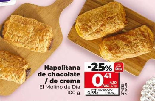 Oferta de El Molino De Dia - Napolitana De Chocolate / De Crema por 0,41€ en Dia