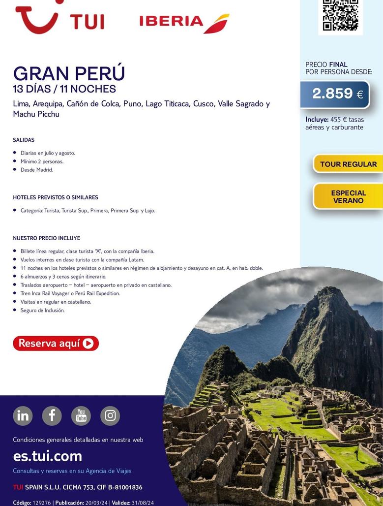 Oferta de Gran Perú por 2859€ en Tui Travel PLC