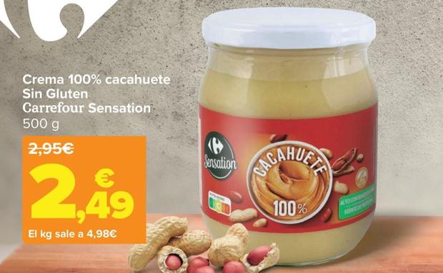 Oferta de Carrefour Sensation - Crema 100% Cacahuete Sin Gluten   por 2,49€ en Carrefour