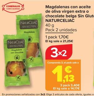 Oferta de NATURCELIAC - Magdalenas con aceite de oliva virgen extra o chocolate belga Sin Gluten  por 1,7€ en Carrefour