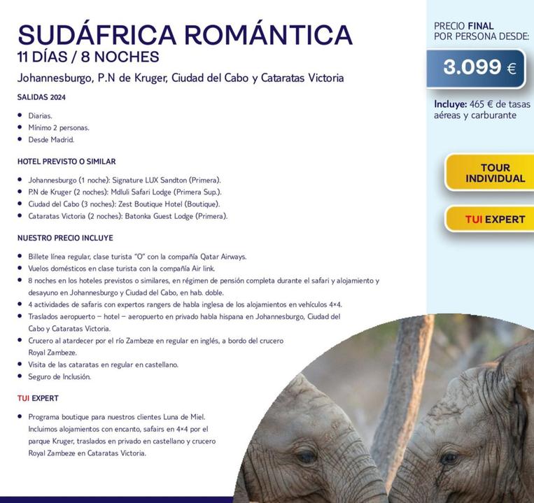 Oferta de Tui - Sudáfrica Romántica por 3099€ en Tui Travel PLC