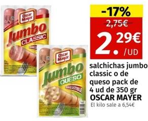 Oferta de Oscar Mayer - Salchichas Jumbo Classic O De Queso por 2,29€ en Maskom Supermercados