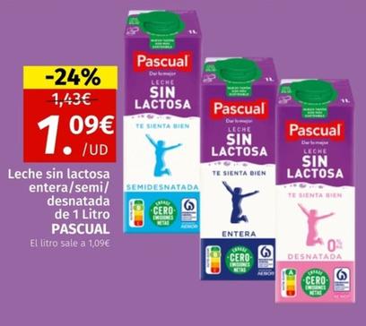 Oferta de Pascual - Leche Sin Lactosa Entera/semi/ Desnatada por 1,09€ en Maskom Supermercados