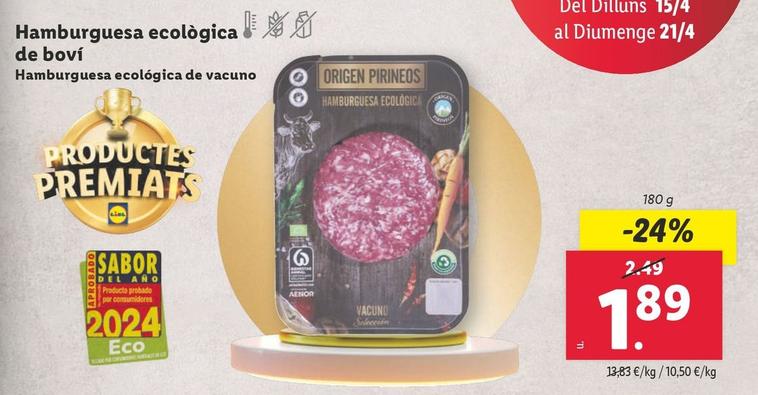 Oferta de Hamburguesa Ecologica De Vacuno por 1,89€ en Lidl