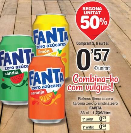 Oferta de Fanta - Refresc Llimona Zero Taronja Zero O Síndria Zero por 0,75€ en SPAR Fragadis