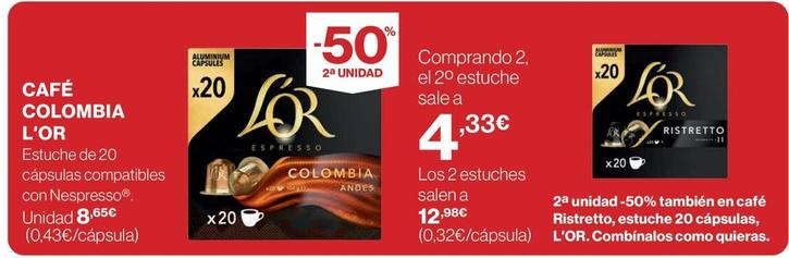 Oferta de L'or - Café Colombia por 8,65€ en El Corte Inglés