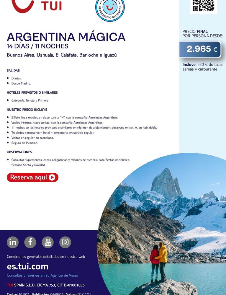 Oferta de Argentina Mágica por 2965€ en Tui Travel PLC