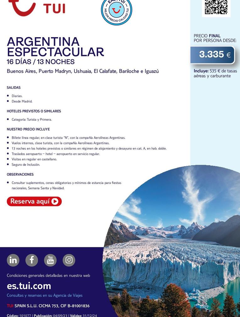 Oferta de Argentina Espectacular por 3335€ en Tui Travel PLC