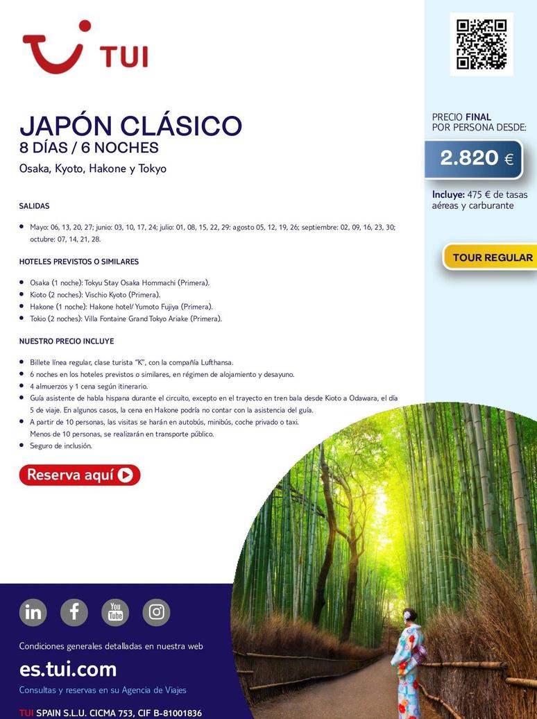 Oferta de Viajes a Japón por 2820€ en Tui Travel PLC