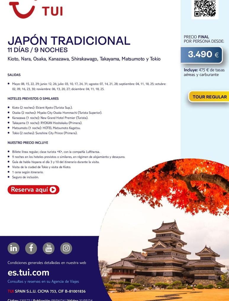 Oferta de Viajes a Japón por 3490€ en Tui Travel PLC