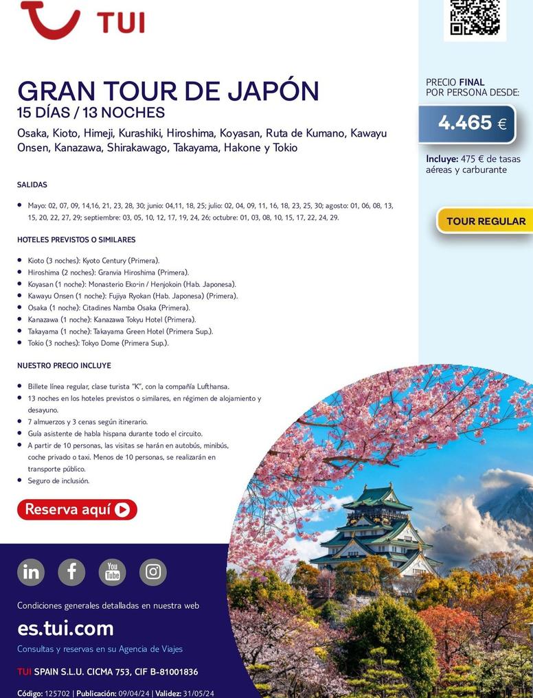 Oferta de Viajes a Japón por 4465€ en Tui Travel PLC