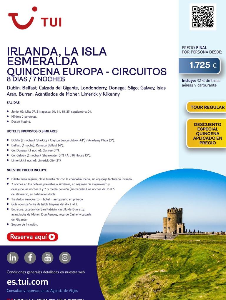 Oferta de Viajes a Irlanda por 1725€ en Tui Travel PLC