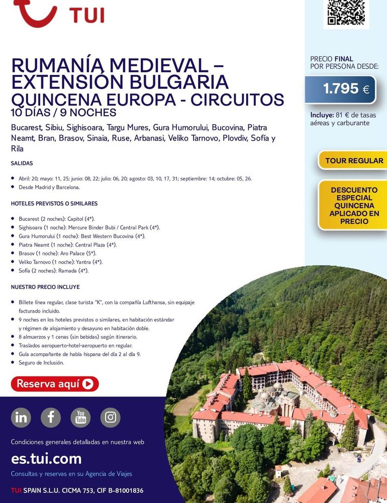Oferta de Extension Bulgaria Quincena Europa - Circuitos por 1795€ en Tui Travel PLC