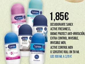 Oferta de Sanex - Desodorante Active Freshness / Biome Protect Anti-irritación Extra Control / Invisible / Invisible Men / Active Control Men / Sensitive Roll On por 1,85€ en Claudio