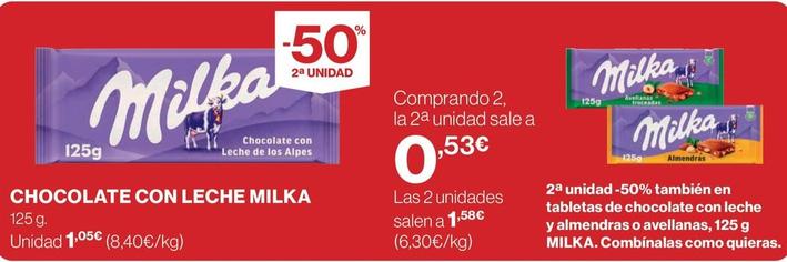Oferta de Milka - Chocolate Con Leche por 1,05€ en Hipercor