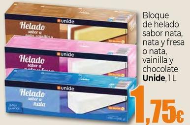 Oferta de Unide - Bloque De Helado Sabor Nata, Nata Y Fresa O Nata, Vainilla Y Chocolate por 1,75€ en Unide Market
