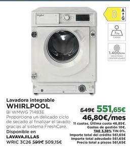 Oferta de Whirlpool - Lavadora Integrable por 551,65€ en El Corte Inglés