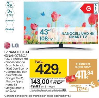 Oferta de Lg - TV NANOCELL 4K 43NANO766QA por 429€ en Eroski