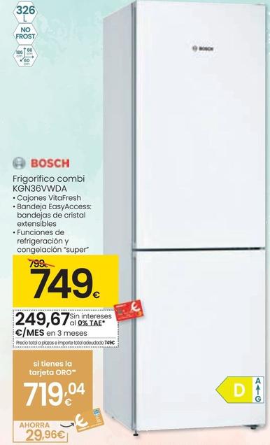 Oferta de Bosch - Frigorifico Combi Kgn36vwda por 749€ en Eroski