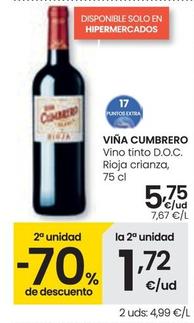 Oferta de Viña Cumbrero - Vino Tinto D.O.C. Rioja Crianza por 5,75€ en Eroski
