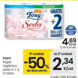 Oferta de Foxy - Papel Higienico Seda 4+2, 6 Rollos por 4,69€ en Eroski