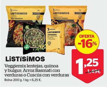 Oferta de Listosimos Veggiemix Lentejas, Quinoa Y Bulgur/ Arroz Basmati Con Verduras O Cuscus Con Verduras  por 1,25€ en La Sirena
