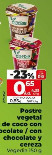 Oferta de Vegedia - Postre Vegetal De Coco Con Chocolate / Con Chocolate Y Cereza por 0,65€ en Dia