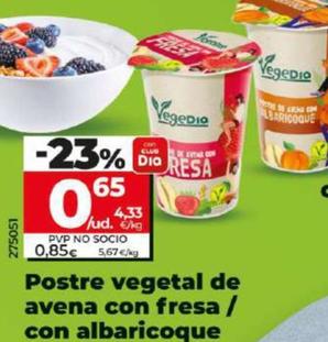 Oferta de Vegedia - Postre Vegetal De Avena Con Fresa Con Albaricoque por 0,65€ en Dia