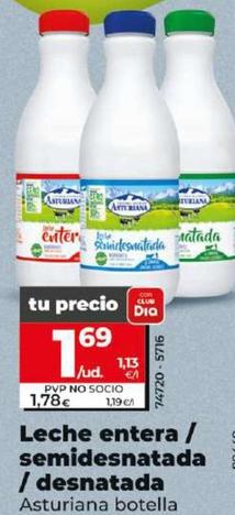 Oferta de Asturiana - Leche Entera / Semidesnatada / Desnatada por 1,69€ en Dia