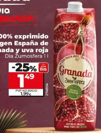 Oferta de Dia Zumosfera - Zumo 100% Exprimido Origen Espana De Granada Y Uva Roja por 1,49€ en Dia