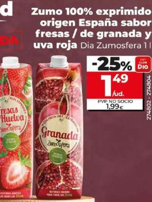 Oferta de Dia Zumosfera - Zumo 100% Exprimido Origen Espana Sabor Fresas / De Granada Y Uva Roja por 1,49€ en Dia