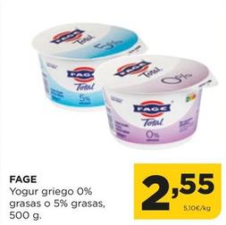 Oferta de Fage - Yogur Griego 0% Grasas O 5% Grasas por 2,55€ en Alimerka
