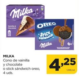 Oferta de Milka - Cono De Vainilla Y Chocolate O Stick Sandwich Oreo por 4,25€ en Alimerka