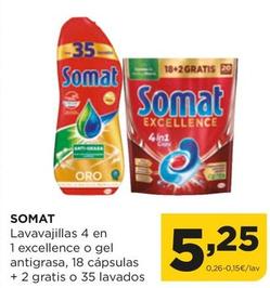 Oferta de Somat - Lavavajillas 4 En 1 Excellence O Gel Antigrasa por 5,25€ en Alimerka