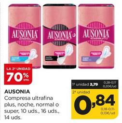 Oferta de Ausonia - Compresa Ultrafina Plus Noche Normal o Super por 2,79€ en Alimerka