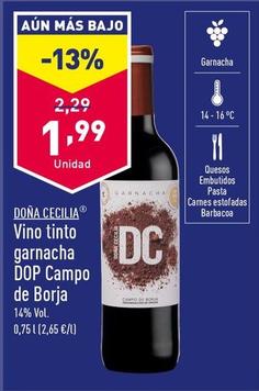 Oferta de Dona Cecilia - Vino Tinto Garnacha DOP Campo De Borja por 1,99€ en ALDI
