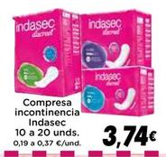 Oferta de Indasec - Compresa Incontinencia 10 A 20 Unds. por 3,74€ en Supermercados Piedra