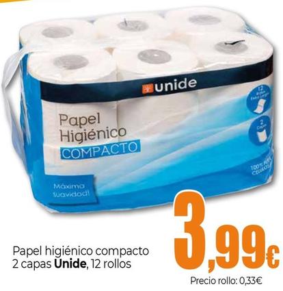 Oferta de Unide - Papel Higiénico Compacto 2 Capas, 12 Rollos por 3,99€ en Unide Supermercados