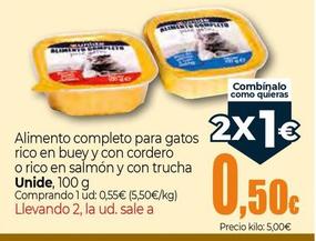 Oferta de Unide - Alimento Completo Para Gatos Rico En Buey Y Con Cordero O Rico En Salmón Y Con Trucha por 0,5€ en Unide Supermercados
