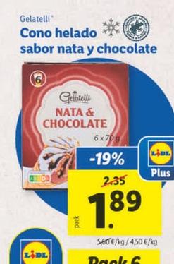 Oferta de Gelatelli - Cono Helado Sabor Nata Y Chocolate por 1,89€ en Lidl