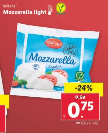 Oferta de Milbona - Mozzarella Light por 0,75€ en Lidl