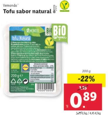 Oferta de Vemondo - Tofu Sabor Natural por 0,89€ en Lidl
