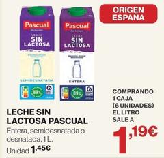 Oferta de Pascual - Leche Sin Lactosa Entera / Semidesnatada / Desnatada por 1,45€ en Hipercor