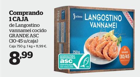 Oferta de De Langostino Vannamei Cocido Grande Asc (30-45 U/caja) por 8,99€ en La Sirena