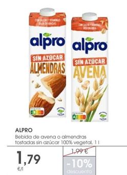 Oferta de Alpro - Bebida De Avena o Almendras Tostadas Sin Azucar por 1,79€ en Supermercados Plaza