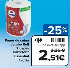 Oferta de Carrefour - Paper De Cuina Jumbo Roll 2 Capes Essential por 2,51€ en Carrefour Express
