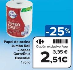 Oferta de Carrefour - Papel De Cocina Jumbo Roll 2 Capas Essential por 2,51€ en Carrefour Express