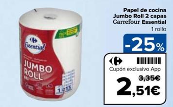 Oferta de Carrefour Essential - Papel de cocina  Jumbo Roll 2 capas   por 3,19€ en Carrefour