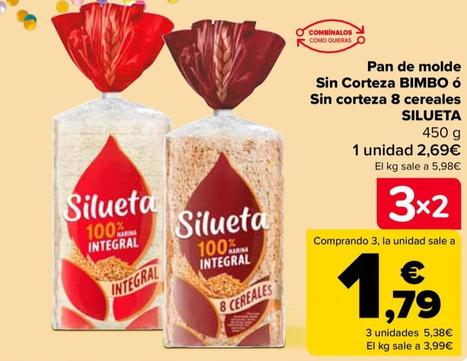 Oferta de Silueta - Pan De Molde Sin Corteza Bimbo o Sin Corteza 8 Cereales por 2,69€ en Carrefour